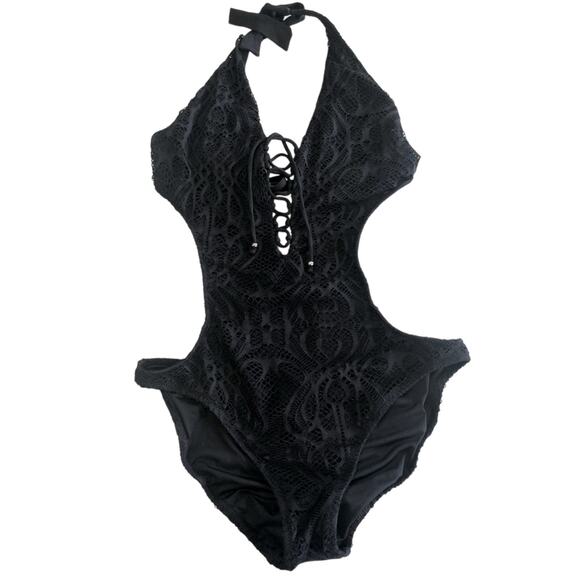 Ralph Lauren plunge backless Elegant Black Lace One Piece swimsuit size small - Picture 1 of 6